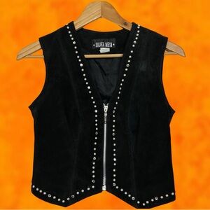 Silver Mesa 90s Suede Leather Rhinestone Stud V Neck Zip Up Rodeo Show Vest XS